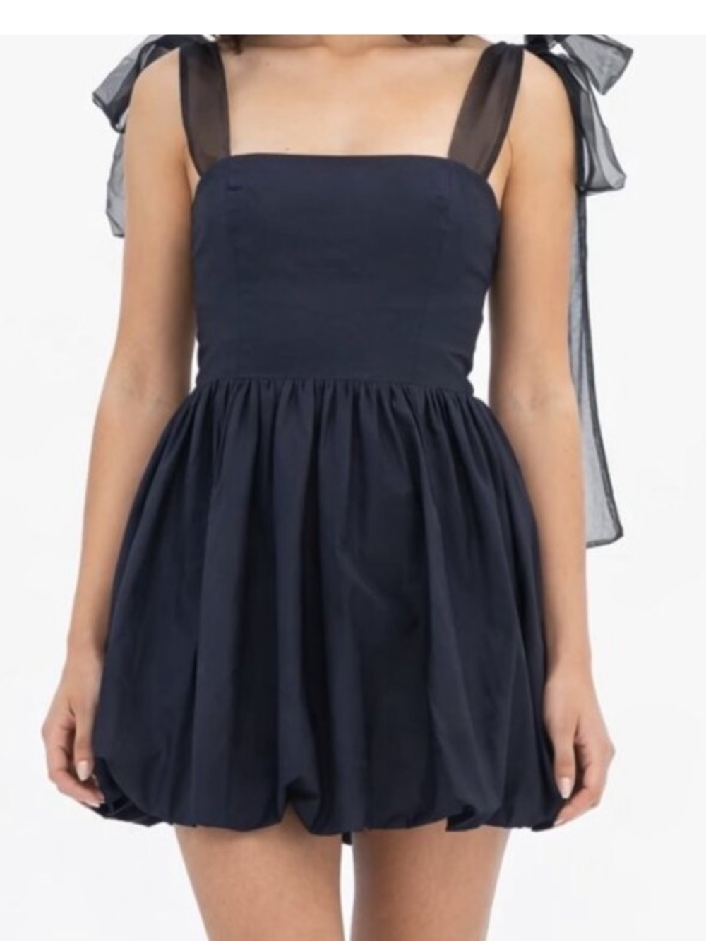 Reformation Navy Tie-Shoulder Bubble Hem Dress